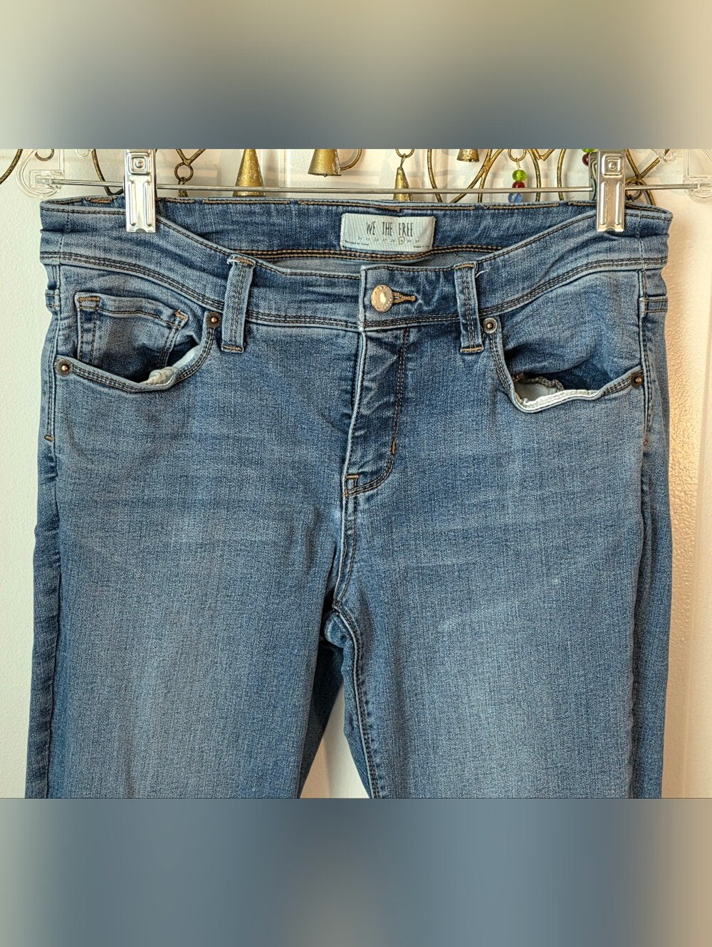 We The Free Flare Jeans Thick Cuff Womens 29 Med Light Wash Stretchy Mid Rise - Picture 5 of 13